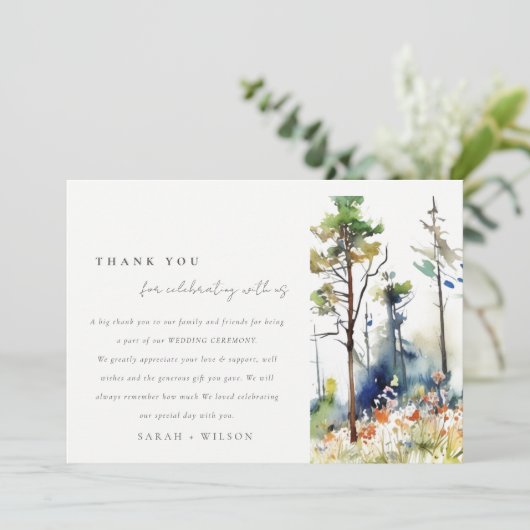 Chic Waterverf Pine Forest Landscape Wedding Bedankkaart (Staand voorkant)