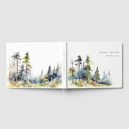 Chic Waterverf Pine Forest Landscape Wedding Gastenboek (Volledig)