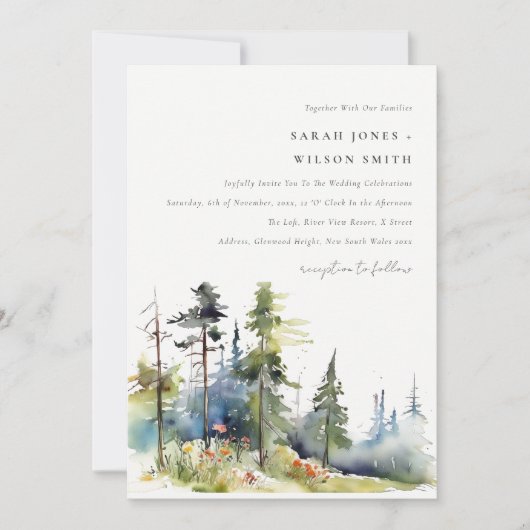 Chic waterverf Pine Forest Landscape Wedding Kaart (Voorkant)
