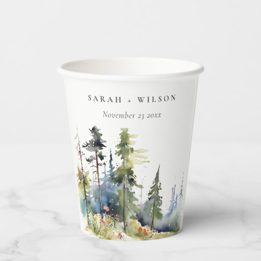 Chic Waterverf Pine Forest Landscape Wedding Papieren Bekers (Achterkant)