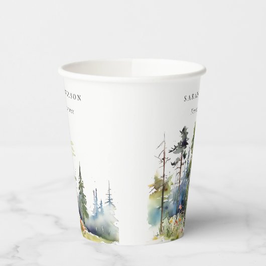 Chic Waterverf Pine Forest Landscape Wedding Papieren Bekers (Links)