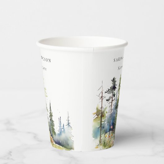 Chic Waterverf Pine Forest Landscape Wedding Papieren Bekers (Rechts)