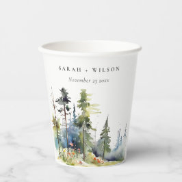 Chic Waterverf Pine Forest Landscape Wedding Papieren Bekers