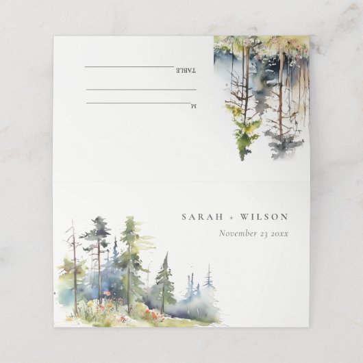 Chic Waterverf Pine Forest Landscape Wedding Plaatskaartje (Buitenkant ongevouwen)