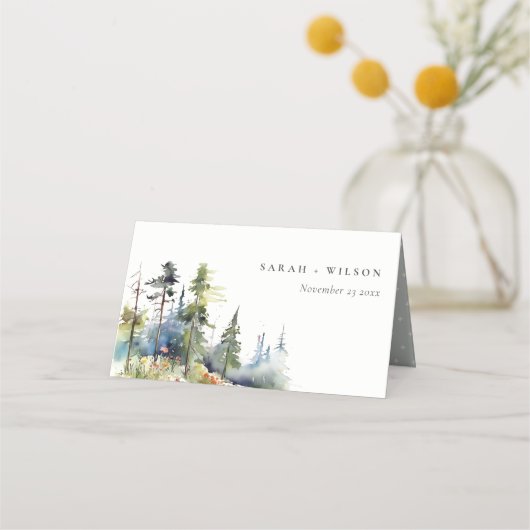 Chic Waterverf Pine Forest Landscape Wedding Plaatskaartje (Voorkant)