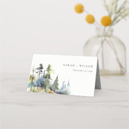 Chic Waterverf Pine Forest Landscape Wedding Plaatskaartje
