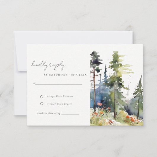 Chic Waterverf Pine Forest Landscape Wedding RSVP Kaartje (Voorkant)