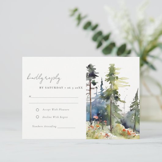 Chic Waterverf Pine Forest Landscape Wedding RSVP Kaartje (Staand voorkant)