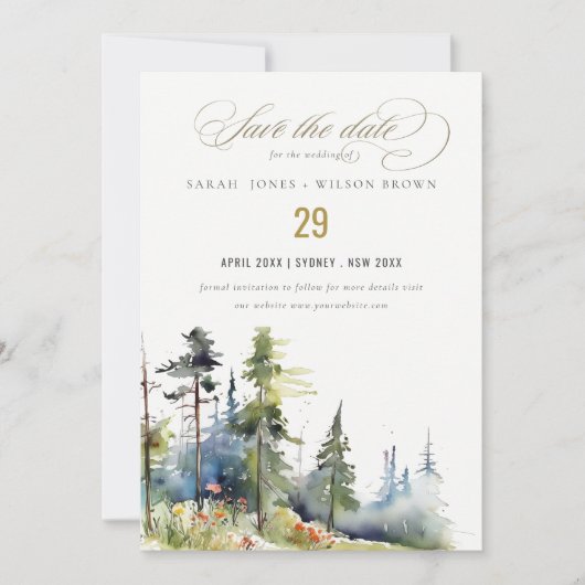 Chic waterverf Pine Forest Landscape Wedding Save The Date (Voorkant)