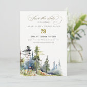 Chic waterverf Pine Forest Landscape Wedding Save The Date (Staand voorkant)