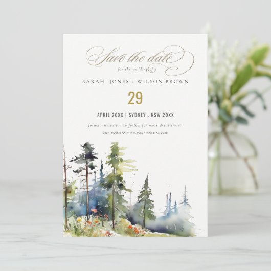 Chic waterverf Pine Forest Landscape Wedding Save The Date (Staand voorkant)