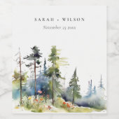 Chic Waterverf Pine Forest Landscape Wedding Wijn Etiket (Enkel label)