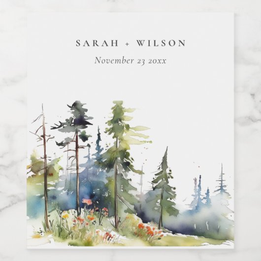 Chic Waterverf Pine Forest Landscape Wedding Wijn Etiket (Enkel label)