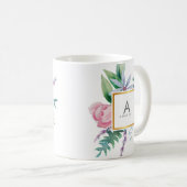 Chic Waterverf Pink Paarse Peony Flowers Monogram Koffiemok (Voorkant rechts)