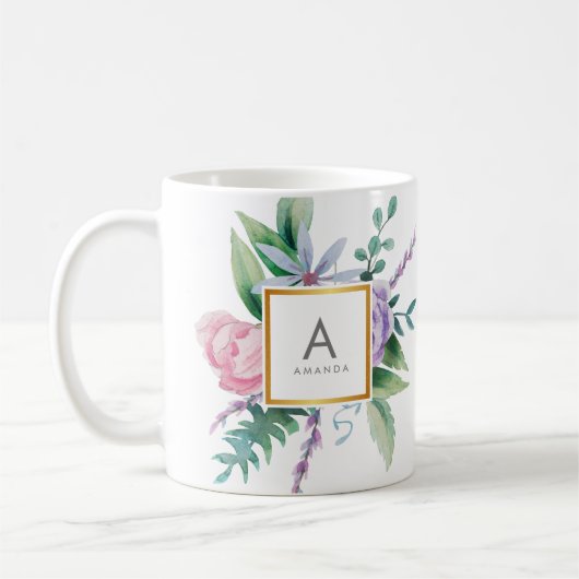 Chic Waterverf Pink Paarse Peony Flowers Monogram Koffiemok (Links)