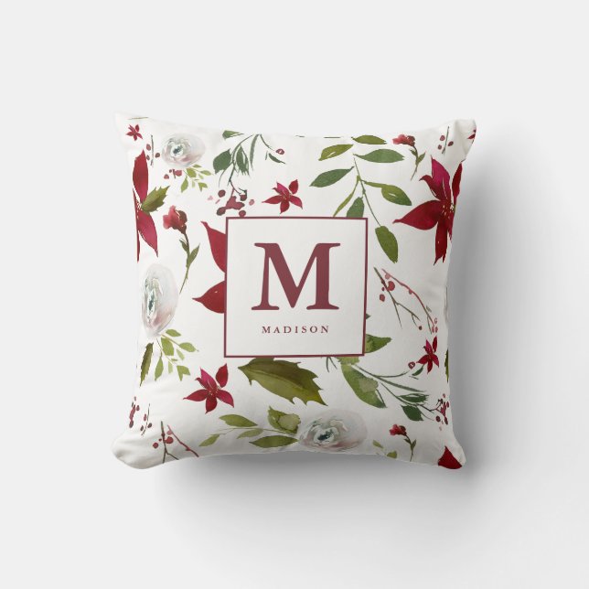 Chic Waterverf Poinsettia Floral Monogram Name Kussen (Voorkant)