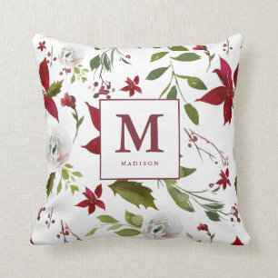 Chic Waterverf Poinsettia Floral Monogram Name Kussen
