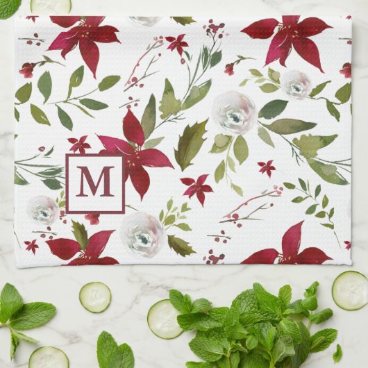 Chic Waterverf Poinsettia Floral Monogram Theedoek (Gevouwen)