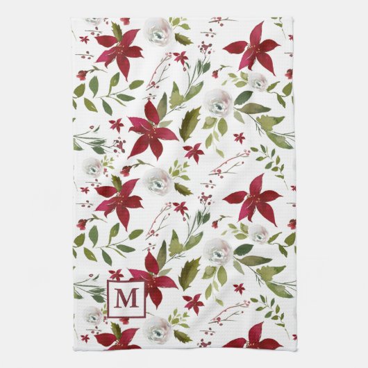 Chic Waterverf Poinsettia Floral Monogram Theedoek (Verticaal)