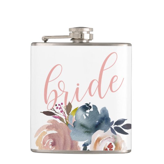 Chic Waterverf Roze Bloem Bruid Huwelijk Heupfles (Voorkant)