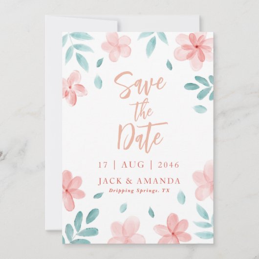 Chic Waterverf Roze Bloemen Huwelijk Save the date Kaart (Voorkant)