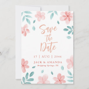 Chic Waterverf Roze Bloemen Huwelijk Save the date Kaart
