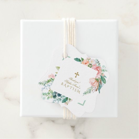 Chic Waterverf Roze Blos Wit Bloemend Doopfeest Bedankjes Labels (In situ)