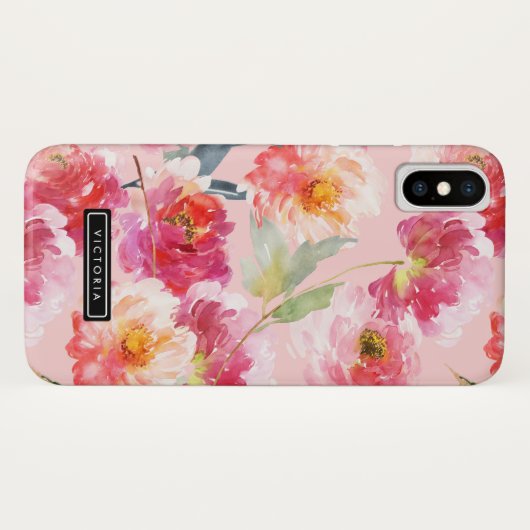 Chic Waterverf Roze Pioenrozen Bloemenpatroon Case-Mate iPhone Case (Achterkant (horizontaal))