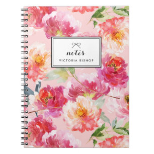 Chic Waterverf Roze Pioenrozen Bloemenpatroon Notitieboek