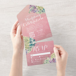 Chic Waterverf Succulent Pink Flower Wedding RSVP All In One Uitnodiging