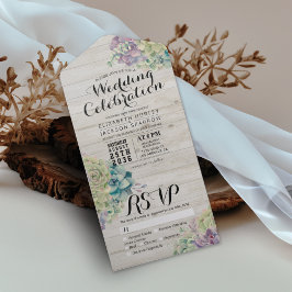 Chic Waterverf Succulent Rustic Wood Wedding RSVP All In One Uitnodiging