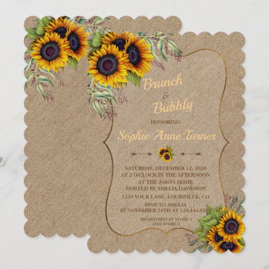 Chic Waterverf Sunflower Burlap Brunch & Bubble Kaart (Voorkant / Achterkant)