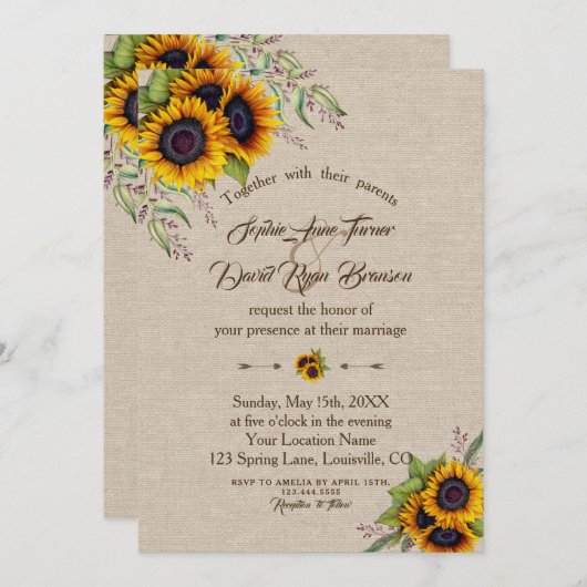 Chic Waterverf Sunflower Linen Canvas Wedding Kaart (Voorkant / Achterkant)