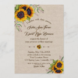 Chic Waterverf Sunflower Linen Canvas Wedding Kaart