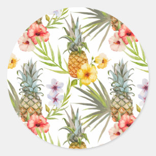 Chic Waterverf Tropische Bloemen Bladeren Ananas Ronde Sticker