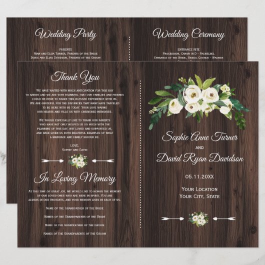Chic Waterverf White Floral Wood Wedding Programme (Voorkant / Achterkant)
