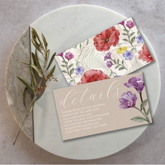 Chic Waterverf Wildflower Beige Wedding Informatiekaartje