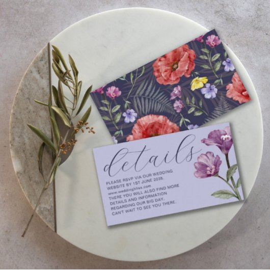 Chic Waterverf Wildflower Paars Wedding Details Informatiekaartje