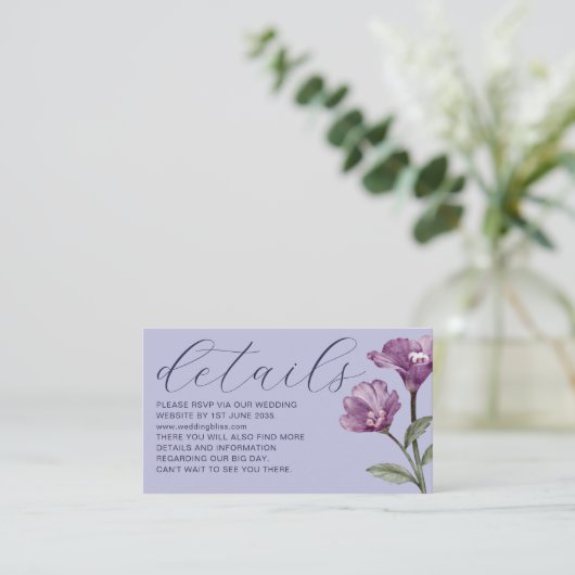 Chic Waterverf Wildflower Paars Wedding Details Informatiekaartje (Staand voorkant)