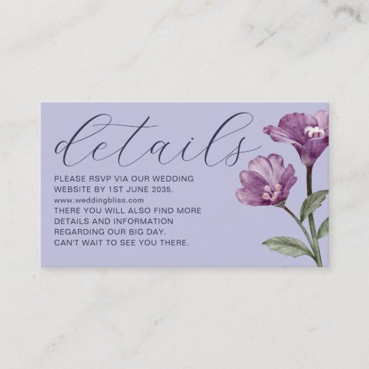 Chic Waterverf Wildflower Paars Wedding Details Informatiekaartje (Voorkant)