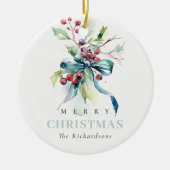 Chic Waterverf Winterbessen Kerstfoto Keramisch Ornament (Voorkant)