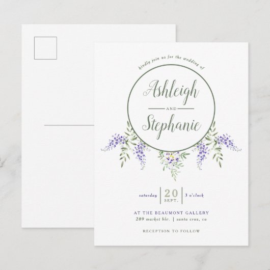 Chic Waterverf Wisteria Drop Wedding Uitnodiging Briefkaart (Voorkant / Achterkant)