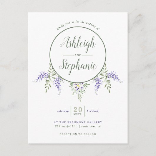 Chic Waterverf Wisteria Drop Wedding Uitnodiging Briefkaart (Voorkant)
