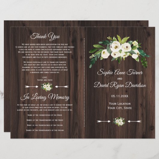 Chic Waterverf Witte Bloem Houten Huwelijksprogram (Voorkant / Achterkant)