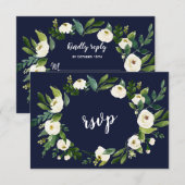 Chic Waterverf Witte Bloemenkrans Donkerblauw RSVP (Voorkant / Achterkant)