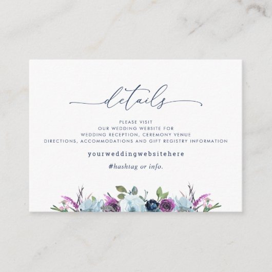Chic Wedding Details / Website Paars, Blauwe Flora Informatiekaartje (Voorkant)