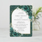 Chic Wedding Emerald Green Rozen Floral Gold Arch Kaart (Staand voorkant)