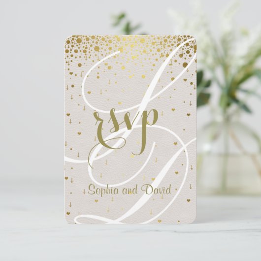 Chic Wedding Invite | Goud Confetti Heart RSVP Kaartje (Staand voorkant)