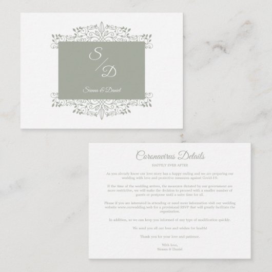Chic Wedding Ornamental Initials Coronavirus Informatiekaartje (Voorkant / Achterkant)