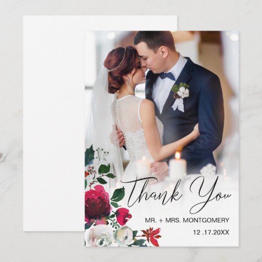 Chic Wedding Red Floral Roos Black Bedankkaart (Voorkant / Achterkant)